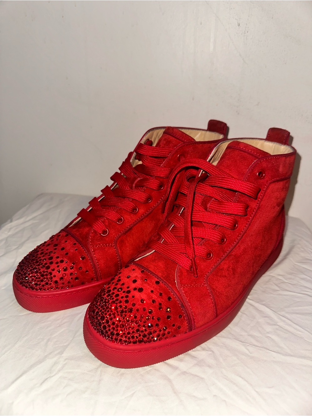 Christian Louboutin Red Suede High-Top Sneakers with Crystal Caps